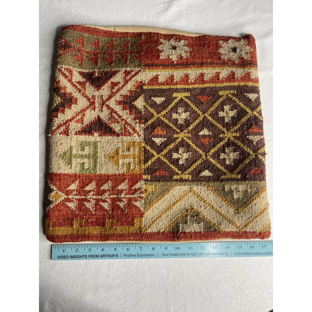 Turkish Kilim square pillow case 17x18” brown orange - Picture 2 of 16